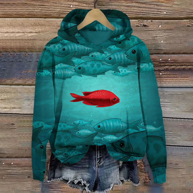 Deep Sea Fish Shape Art Print Long Sleeved Hoodie - Dark Green - 8XL - image 1