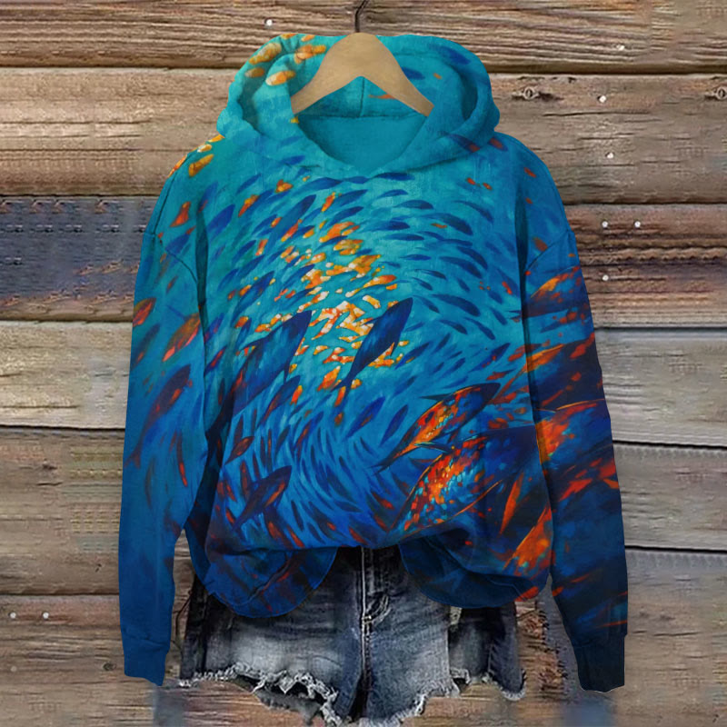 Deep Sea Vortex Fish-Shaped Art Print Long Sleeved Hoodie - Dark Blue - 8XL - image 1