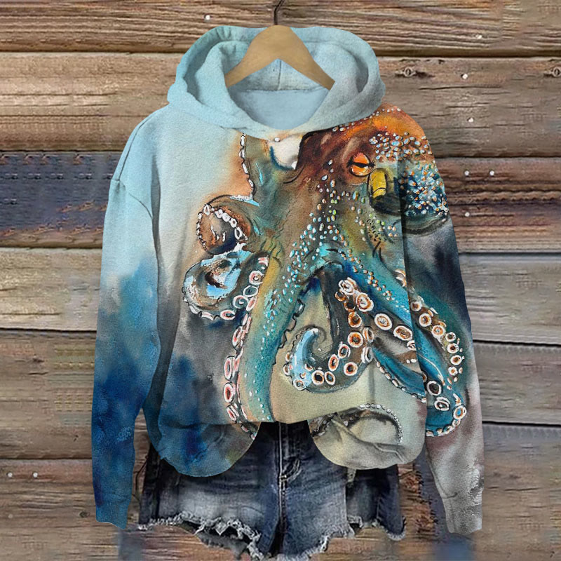 Unique And Creative Octopus Art Print Long Sleeved Hoodie - Blue - 8XL - image 1