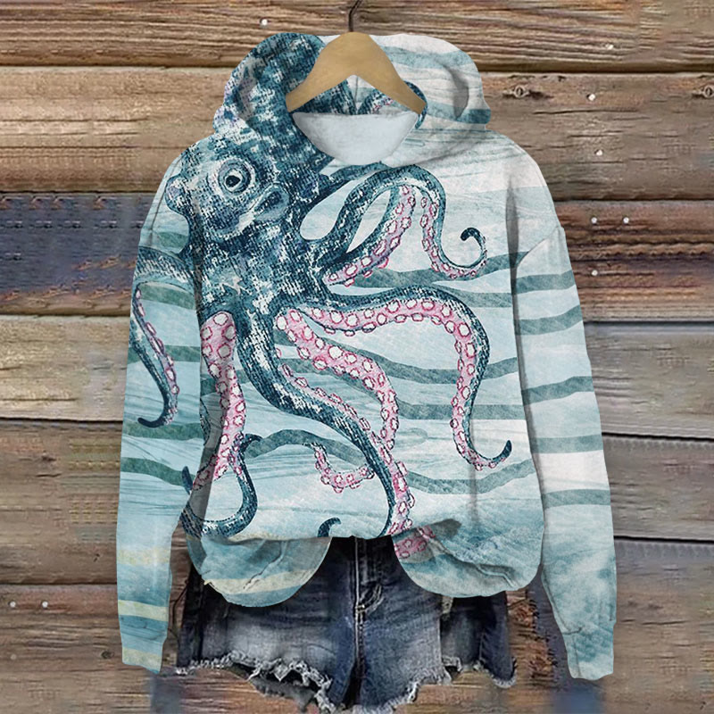 Octopus Stripe Pattern Art Print Long Sleeved Hoodie - Green - 8XL - image 1