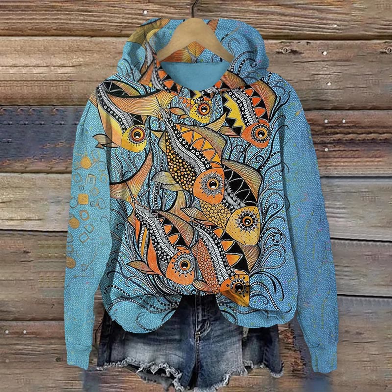 Retro Ocean Fish Pattern Art Print Long Sleeve Hoodie - Blue - 8XL - image 1