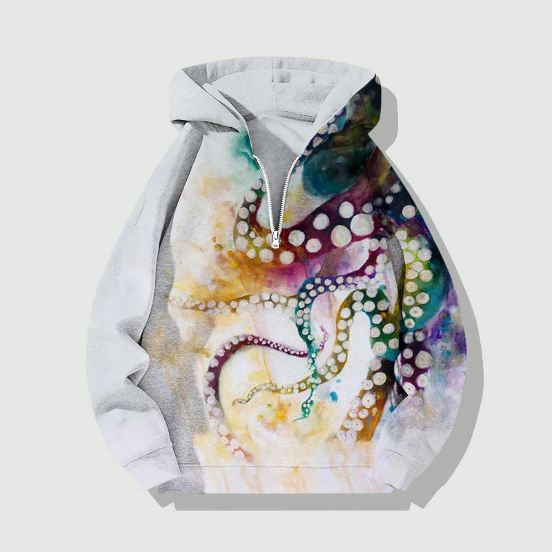 Unisex Watercolor Ombre Octopus Half Zip Hoodie - Light Gray - US32-34(5XL) - image 1