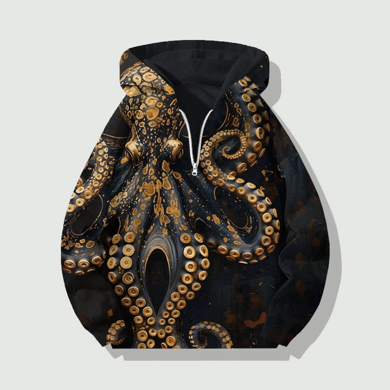 Unisex Vintage Octopus Art Print Half Zip Hoodie - Golden - US32-34(5XL) - image 1