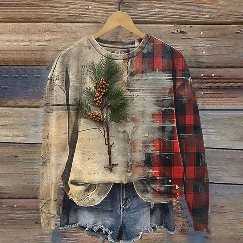 Retro Plaid And 3d Creative Tree Branch Print Casual Sweatshirt - Multicolor - 5XL - image 1