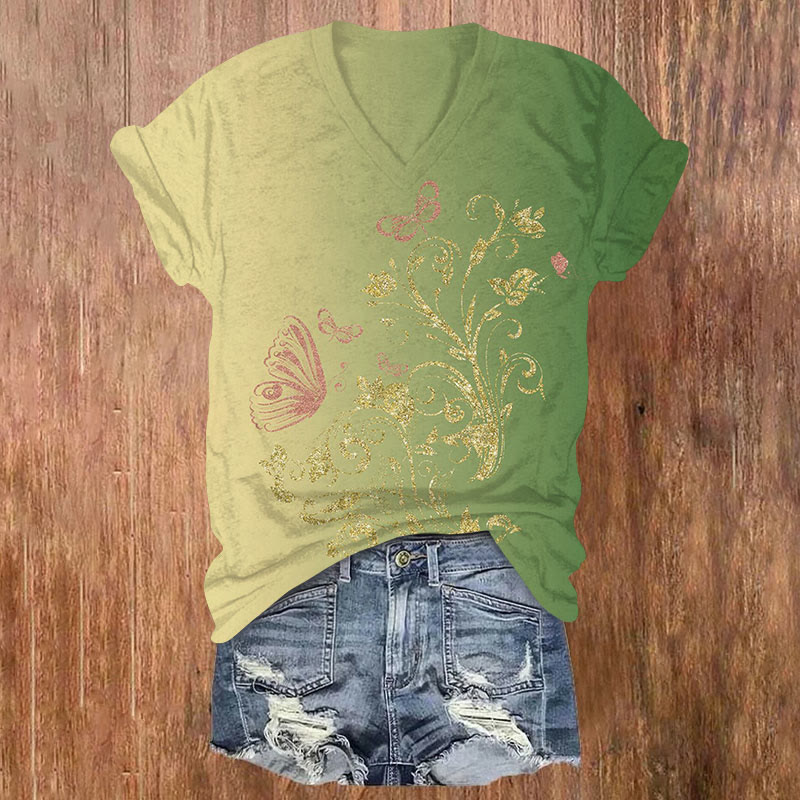 Gradient Butterfly Platinum Floral Pattern Short Sleeved V-Neck T-Shirt - Green - US32-34(5XL) - image 1