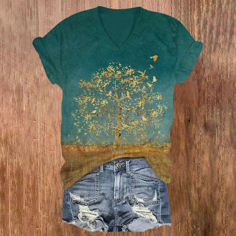 Retro Tree of Life Pattern Print Pattern Short Sleeved V-Neck T-Shirt - Green - US32-34(5XL) - image 1