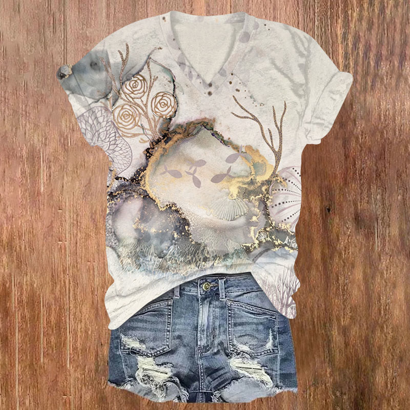 Retro Dead Tree And Fish Pattern Short Sleeved V-Neck T-Shirt - Beige - US32-34(5XL) - image 1