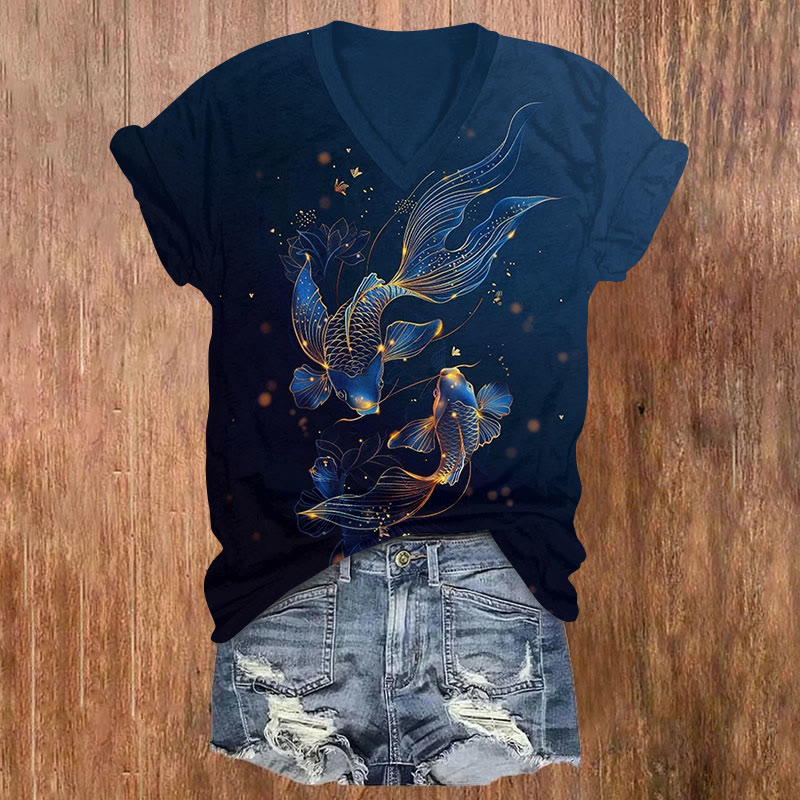 Deep Sea Glowing Koi Art Pattern Short Sleeved V-Neck T-Shirt - Dark Blue - US32-34(5XL) - image 1