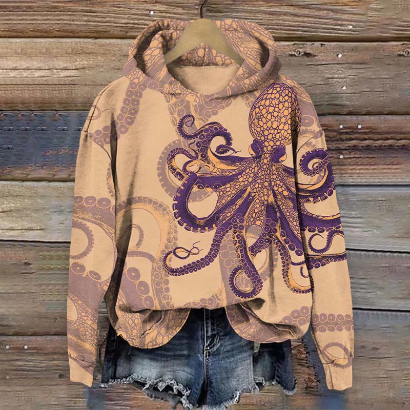 Vintage Streak Octopus Art Print Long Sleeve Hoodie - Apricot - US44-46(8XL) - image 2