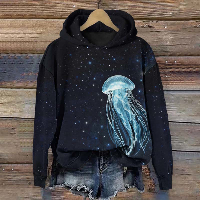 Starry Night Glowing Jellyfish Art Print Long Sleeve Hoodie - Black - US44-46(8XL) - image 1