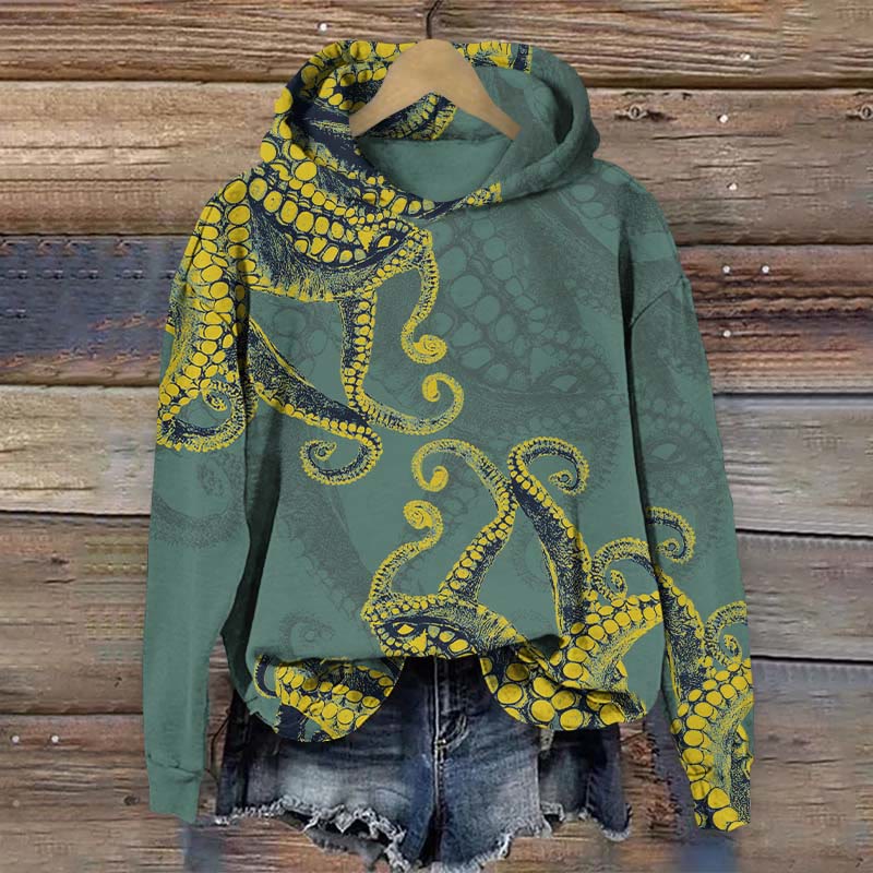 Abstract Watercolor Octopus Tentacles Art Print Long Sleeve Hoodie - Green - US44-46(8XL) - image 2
