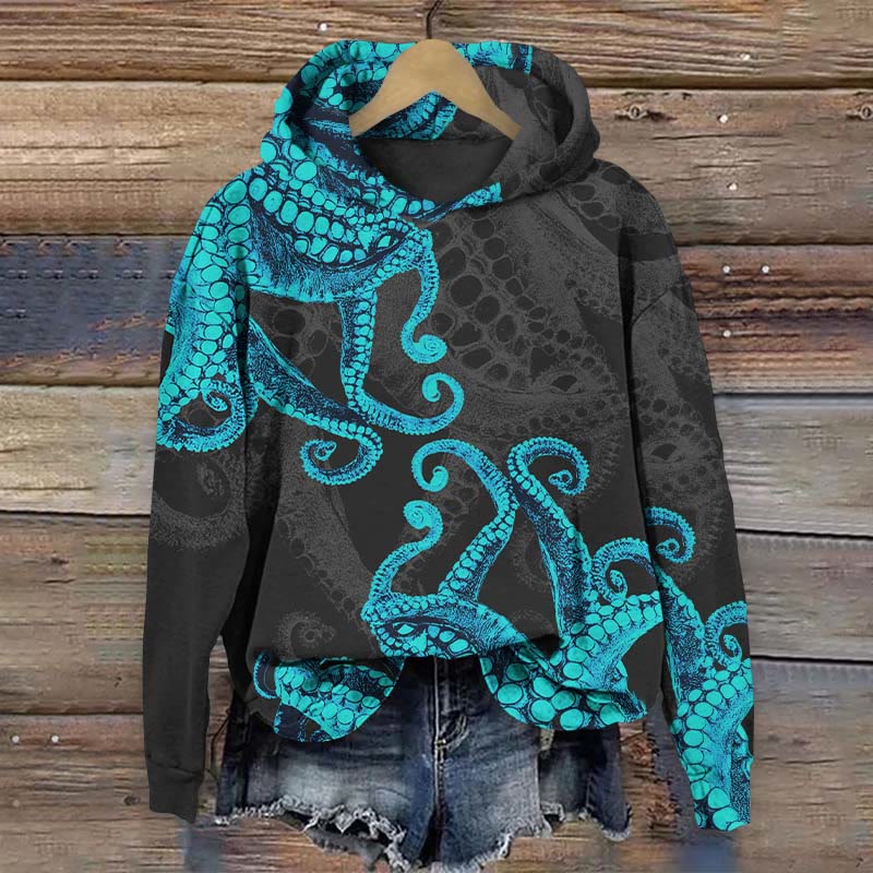 Abstract Watercolor Octopus Tentacles Art Print Long Sleeve Hoodie - Black - US44-46(8XL) - image 1