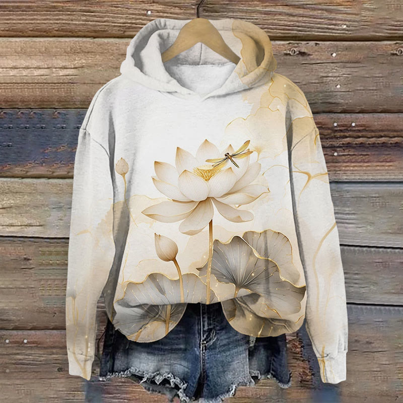 Retro Floral Dragonfly Art Pattern Print Long Sleeved Hoodie - Light Gray - 8XL - image 1
