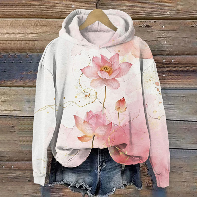 Lotus Watercolor Art Pattern Print Long Sleeved Hoodie - Light Gray - 8XL - image 1