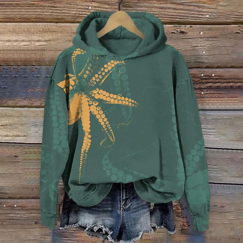 Vintage Blurred Octopus Tentacles Art Print Long Sleeve Hoodie - Green - US44-46(8XL) - image 1