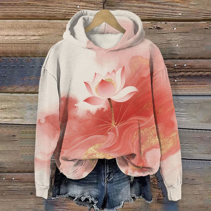 Watercolor Gradient Lotus Flower Gold Foil Pattern Print Long Sleeved Hoodie - Light Gray - 8XL - image 1