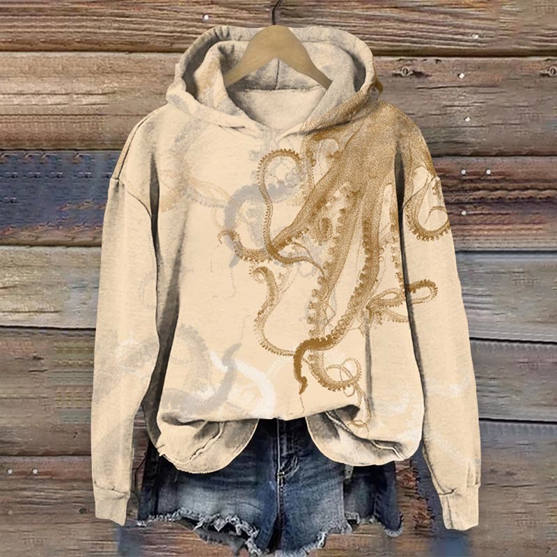 Retro Overlapping Octopus Tentacles Art Print Long Sleeve Hoodie - Apricot - US44-46(8XL) - image 1