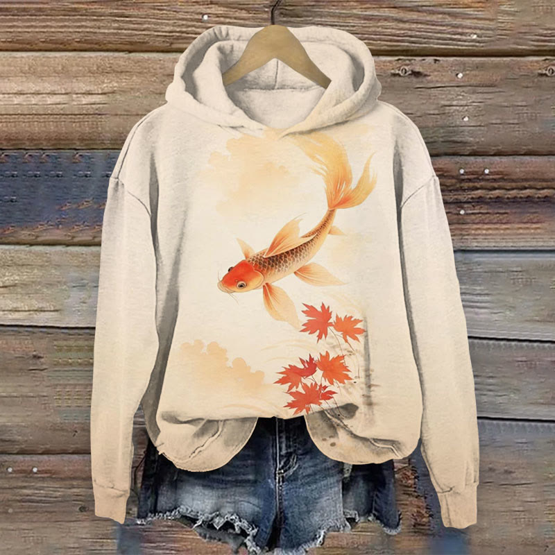 Retro Watercolor Koi And Maple Leaf Print Long Sleeved Hoodie - Apricot - 8XL - image 1