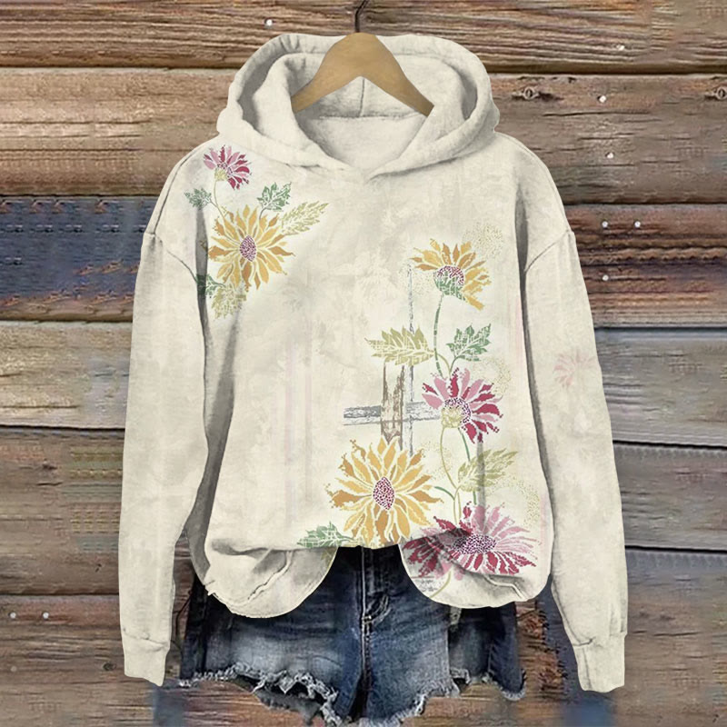 Retro Sunflower Pattern Print Long Sleeved Hoodie - Beige - 8XL - image 1