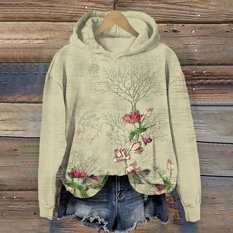 Retro Floral And Withered Tree Print Long Sleeved Hoodie - Green - 8XL - image 1
