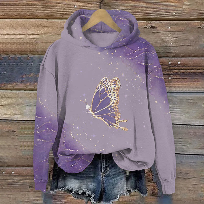 Butterfly Gold Foil Art Pattern Print Long Sleeved Hoodie - Purple - 8XL - image 1