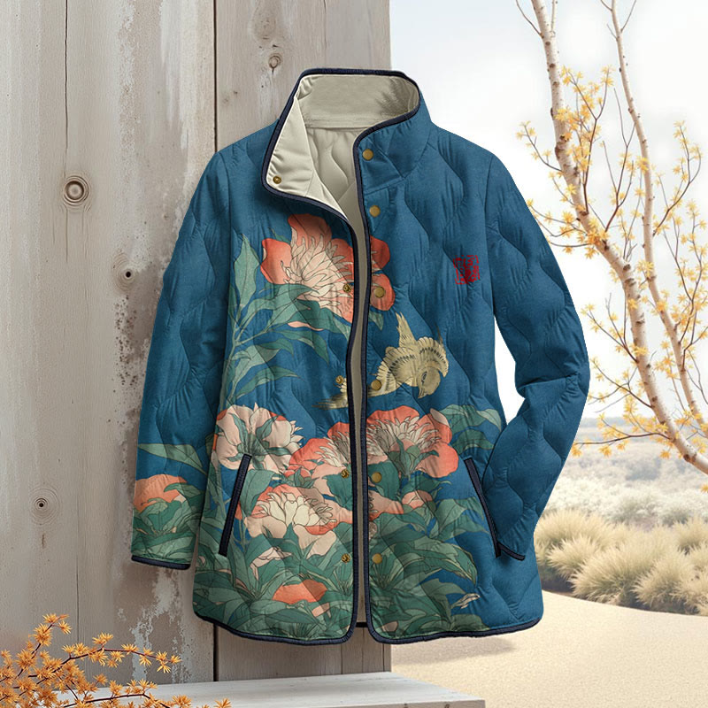 Retro Flower Art Print Outerwear Jackets - Blue - 4XL - image 1