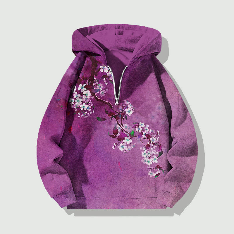 Unisex Japanese Antique Pear Blossom Ink Painting Half Zip Hoodie - Purple - US32-34(5XL) - image 3