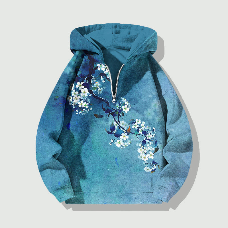 Unisex Japanese Antique Pear Blossom Ink Painting Half Zip Hoodie - Blue - US32-34(5XL) - image 2