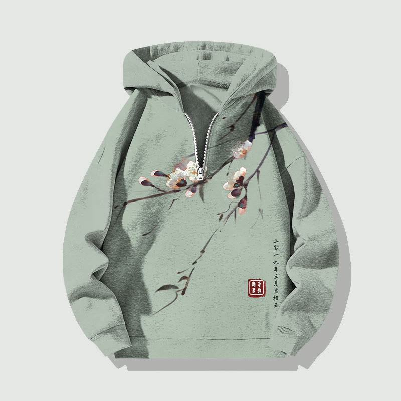 Unisex Vintage Plum Blossom Half Zip Hoodie - Green - US32-34(5XL) - image 2