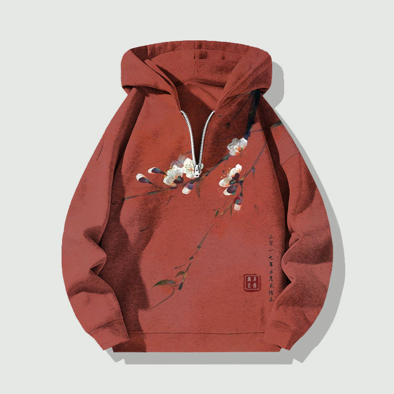 Unisex Vintage Plum Blossom Half Zip Hoodie - Red - US32-34(5XL) - image 1