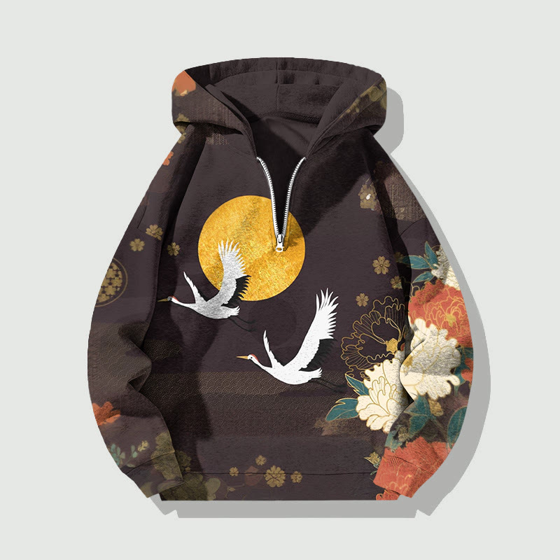 Unisex Vintage Japanese Peony Crane Half Zip Hoodie - Brown - US32-34(5XL) - image 1