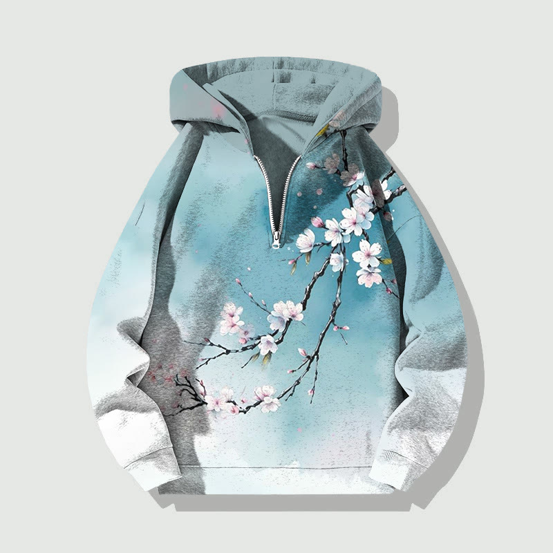 Unisex Japanese Ink Painting Flowers Half Zip Hoodie - Sky Blue - US32-34(5XL) - image 1