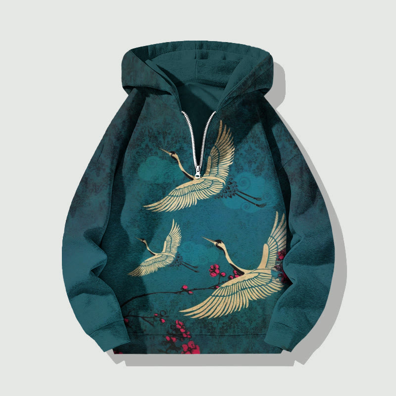 Unisex Japanese Style Crane Half Zip Hoodie - Dark Green - US32-34(5XL) - image 1