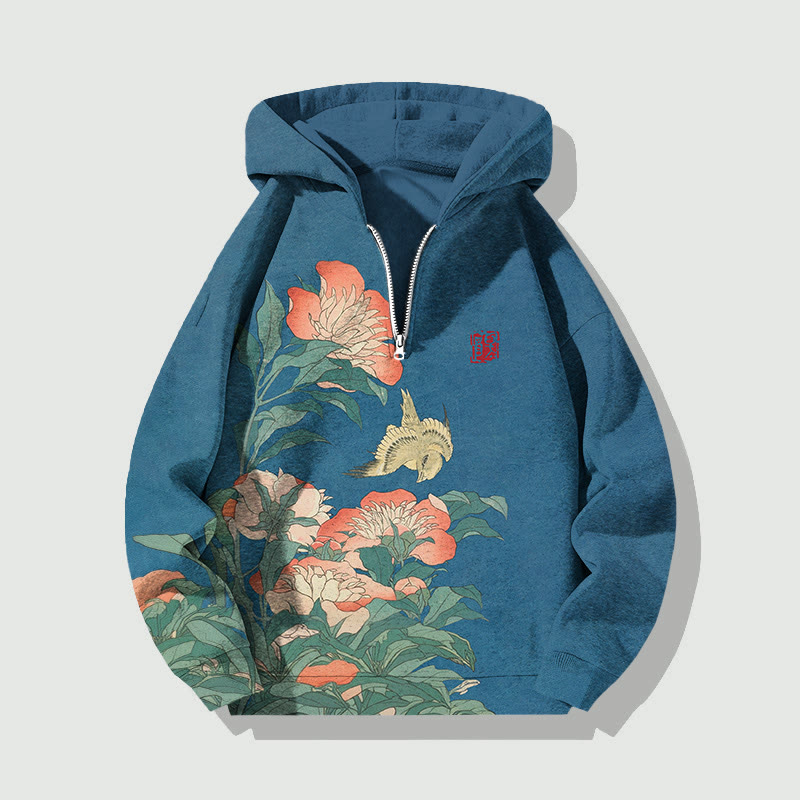 Unisex Japanese Style Flower Half Zip Hoodie - Blue - US32-34(5XL) - image 2