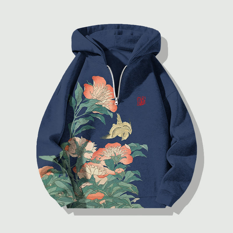 Unisex Japanese Style Flower Half Zip Hoodie - Dark Blue - US32-34(5XL) - image 1