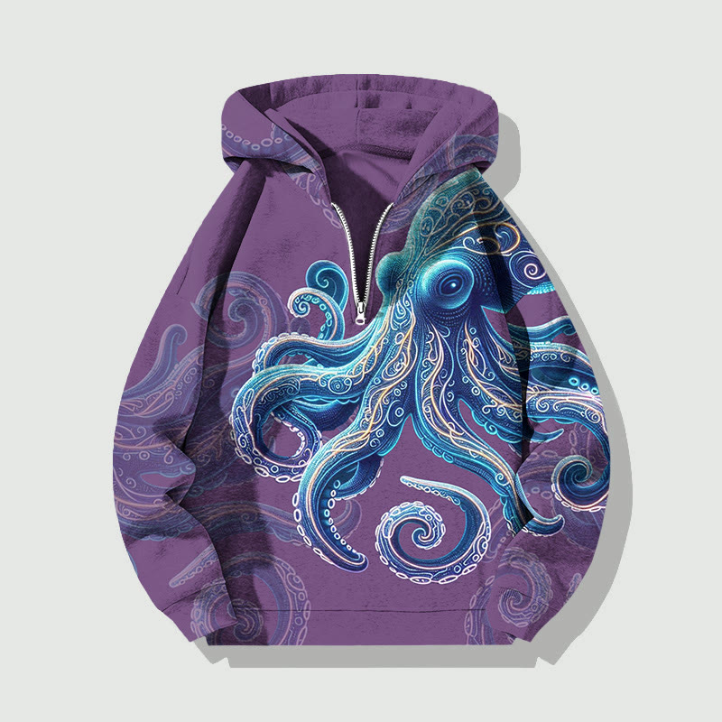 Unisex Vintage Wise Ocean Octopus Half Zip Hoodie - Purple - US32-34(5XL) - image 2
