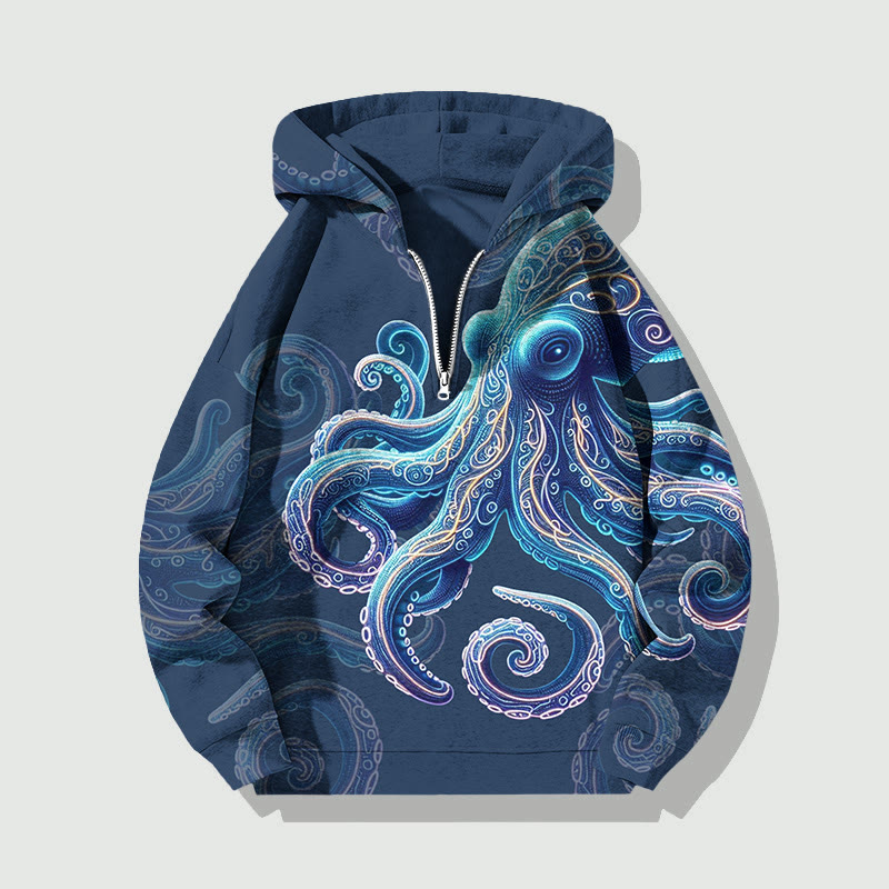 Unisex Vintage Wise Ocean Octopus Half Zip Hoodie - Blue - US32-34(5XL) - image 1