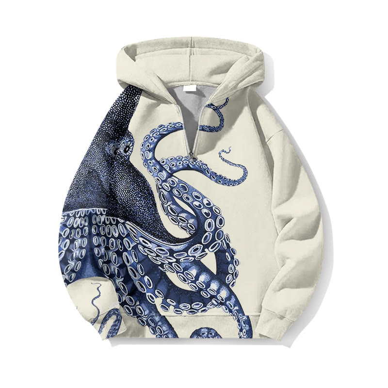 Japanese Art Octopus Graphic Print Half Zip Hoodie - Beige - US32-34(5XL) - image 1