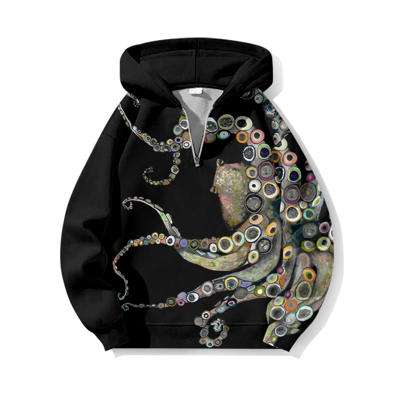 Colorful Octopus Oil Painting Print Half Zip Hoodie - Black - US32-34(5XL) - image 3
