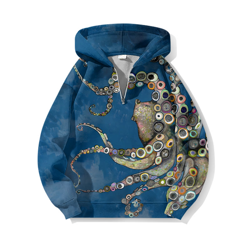 Colorful Octopus Oil Painting Print Half Zip Hoodie - Blue - US32-34(5XL) - image 2