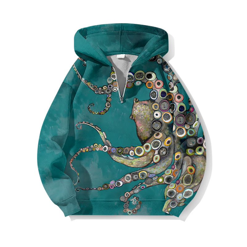 Colorful Octopus Oil Painting Print Half Zip Hoodie - Green - US32-34(5XL) - image 1