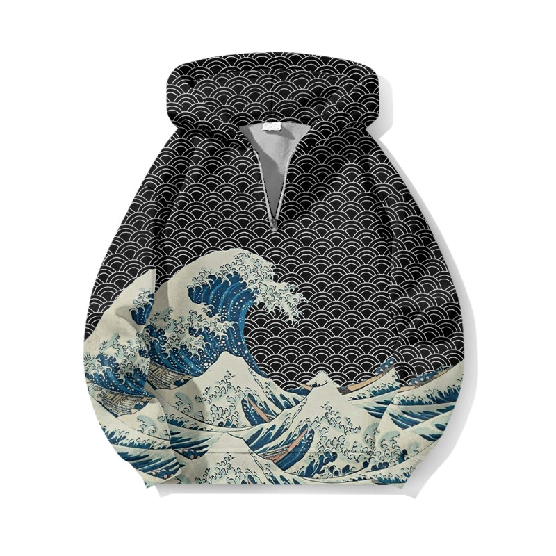 The Great Wave Off Kanagawa Inspired Japanese Art Print Half Zip Hoodie - Black - US32-34(5XL) - image 2