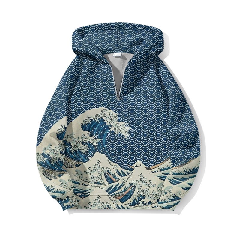 The Great Wave Off Kanagawa Inspired Japanese Art Print Half Zip Hoodie - Blue - US32-34(5XL) - image 1