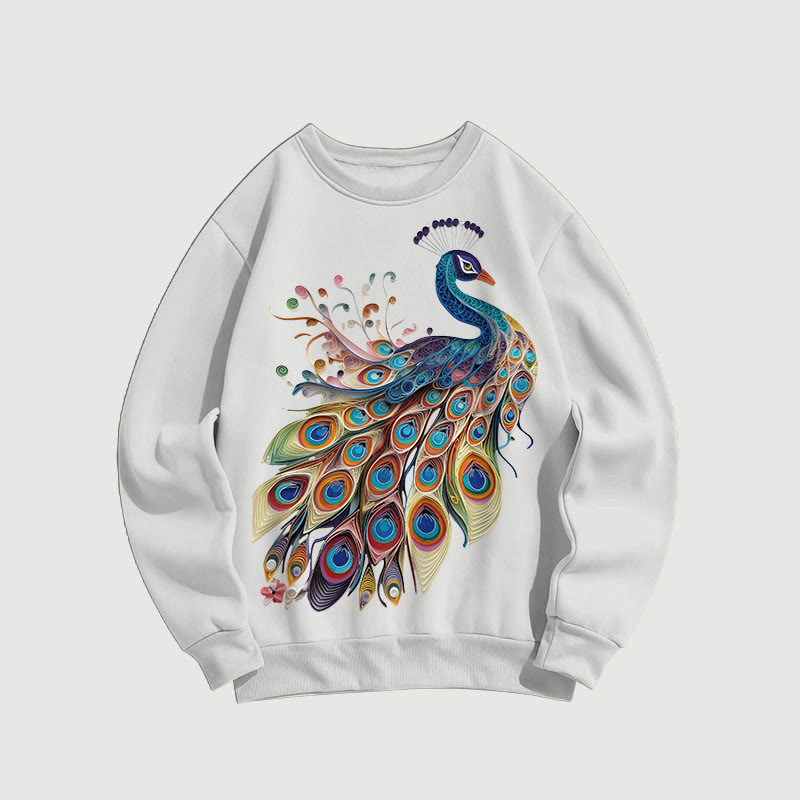 Vintage Elegant Peacock Print Long Sleeved Sweatshirt - White - US16-18(2XL) - image 2