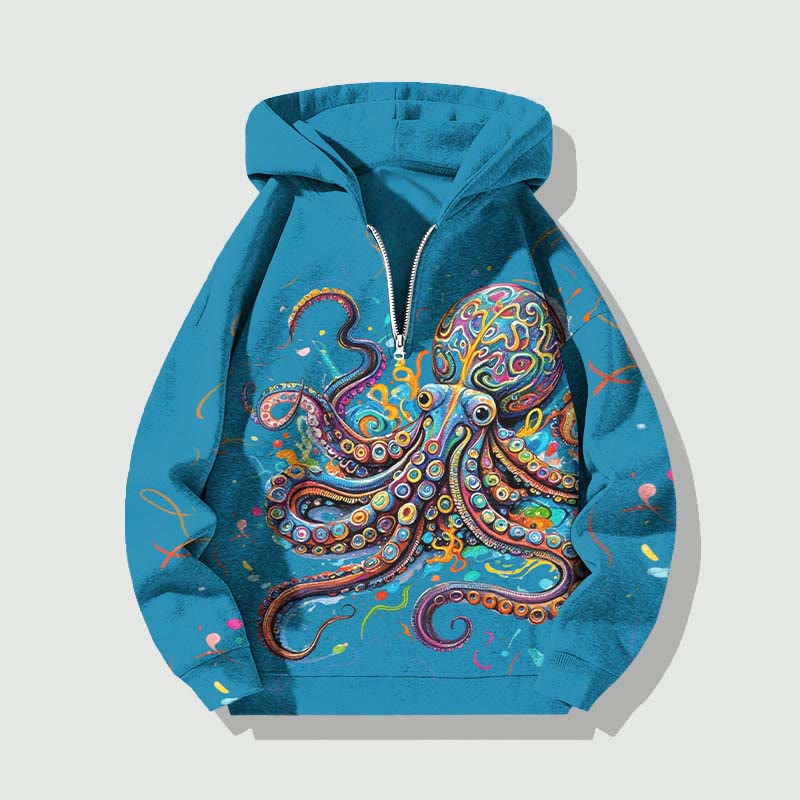 Unisex Vintage Rainbow Octopus Half Zip Hoodie - Lake Blue - US32-34(5XL) - image 2