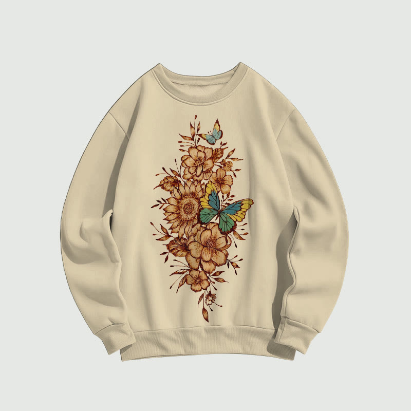 Retro Flowers Surrounded By Butterfly Print Long Sleeved Sweatshirt - Apricot - US16-18(2XL) - image 1
