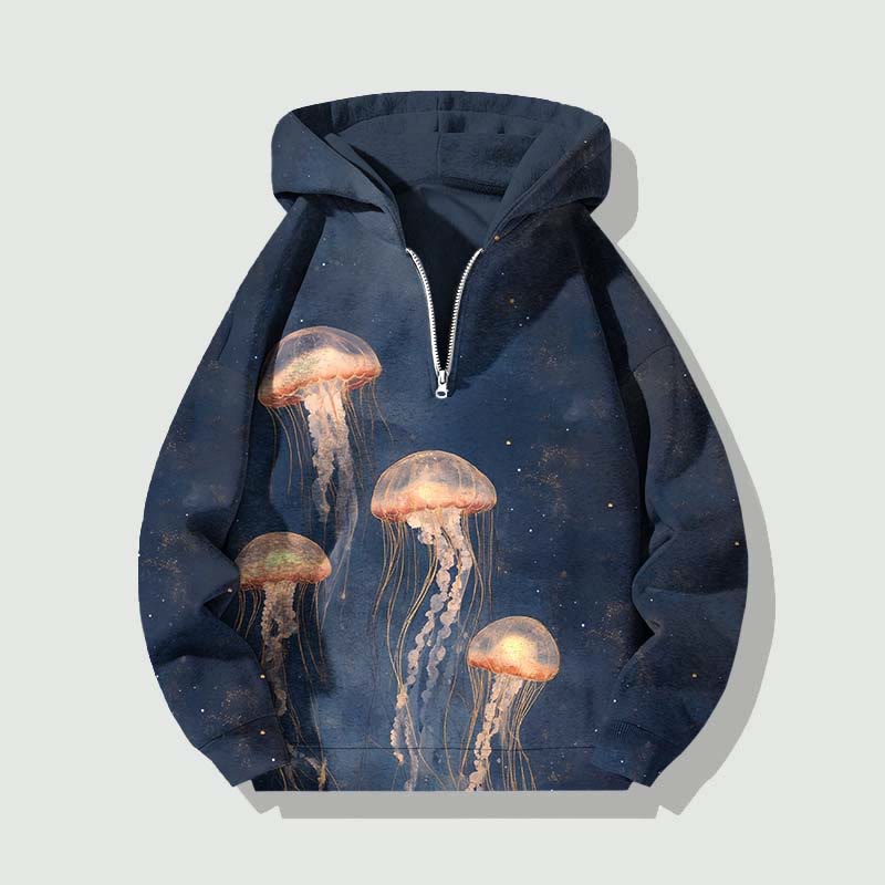 Unisex Vintage Lovely Orange Jellyfish Half Zip Hoodie - Dark Blue - US32-34(5XL) - image 1