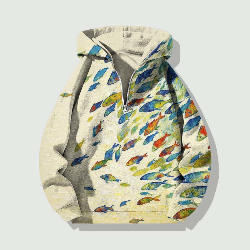 Unisex Artistic Ocean Colorful School Of Fish Half Zip Hoodie - Apricot - US32-34(5XL) - image 1