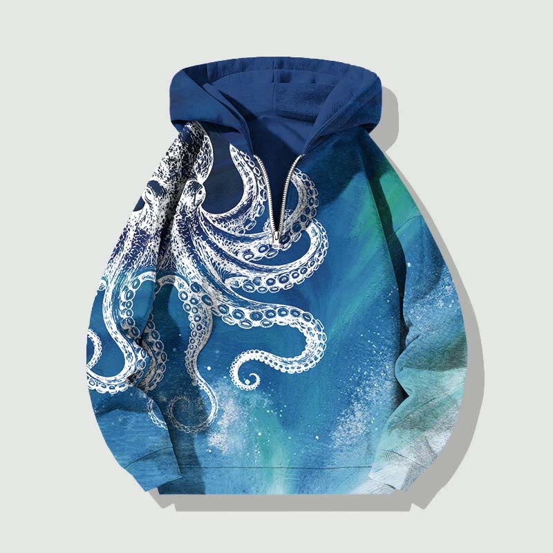 Unisex Vintage Aurora Abstract White Octopus Half Zip Hoodie - Blue - US32-34(5XL) - image 2
