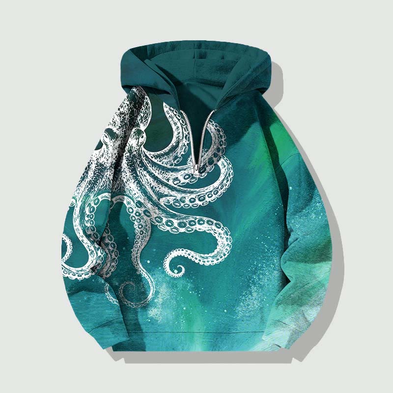 Unisex Vintage Aurora Abstract White Octopus Half Zip Hoodie - Green - US32-34(5XL) - image 1